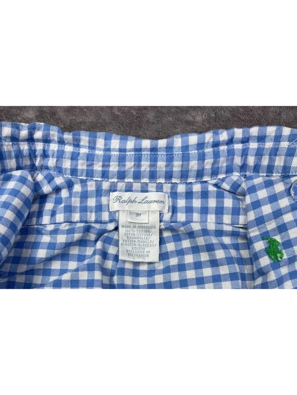 Ralph Lauren Baby Boys 3M Blue White Gingham Button Down Shirt Pony Logo 100% Co